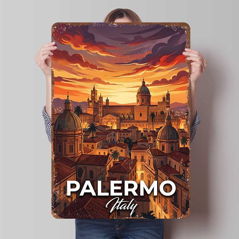 Retro Gaming At - Palermo Italië stadsgezicht bij zonsondergang gedrukte